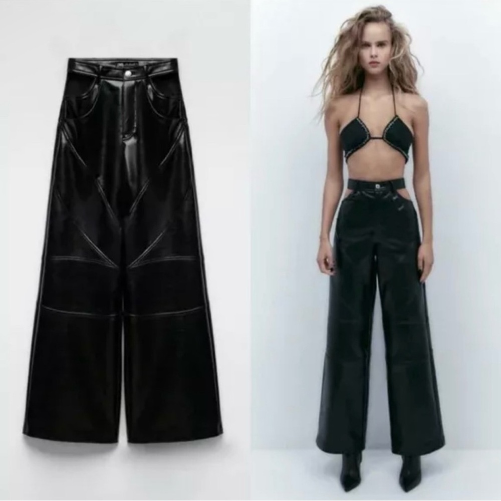 Zara Black Wide-Leg Leather Pants